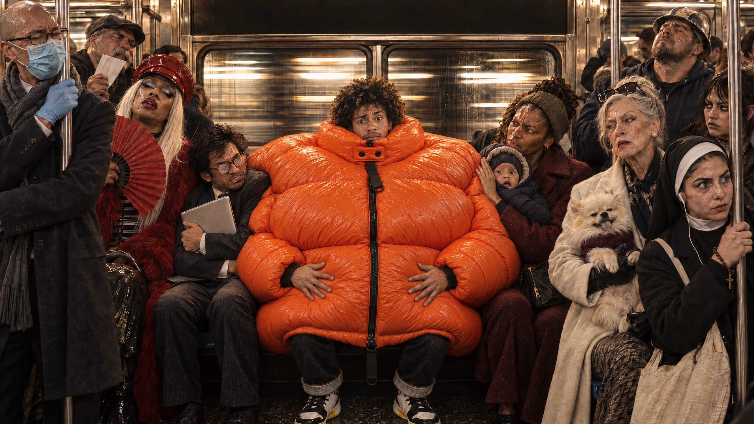 An enormous orange puffer squeezes its owner between a crowd of subway passengers