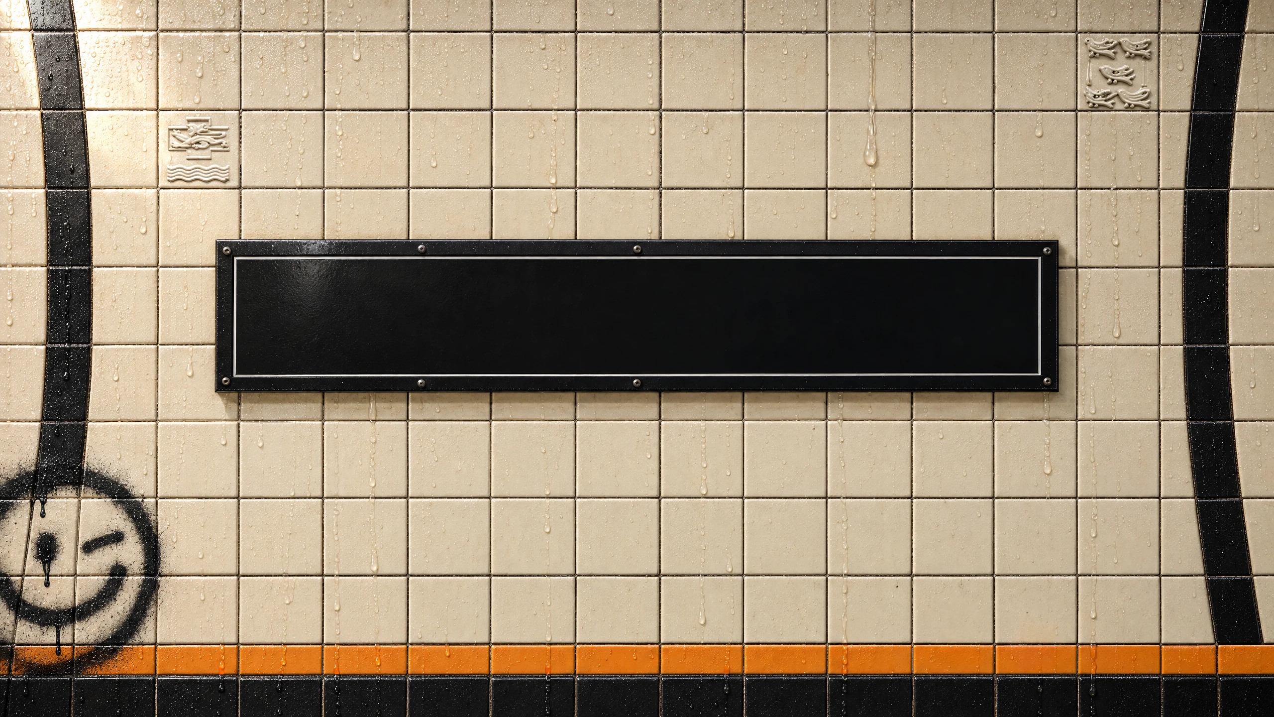 A final black station sign on cream subway tiles, with a smiley and orange platform rail