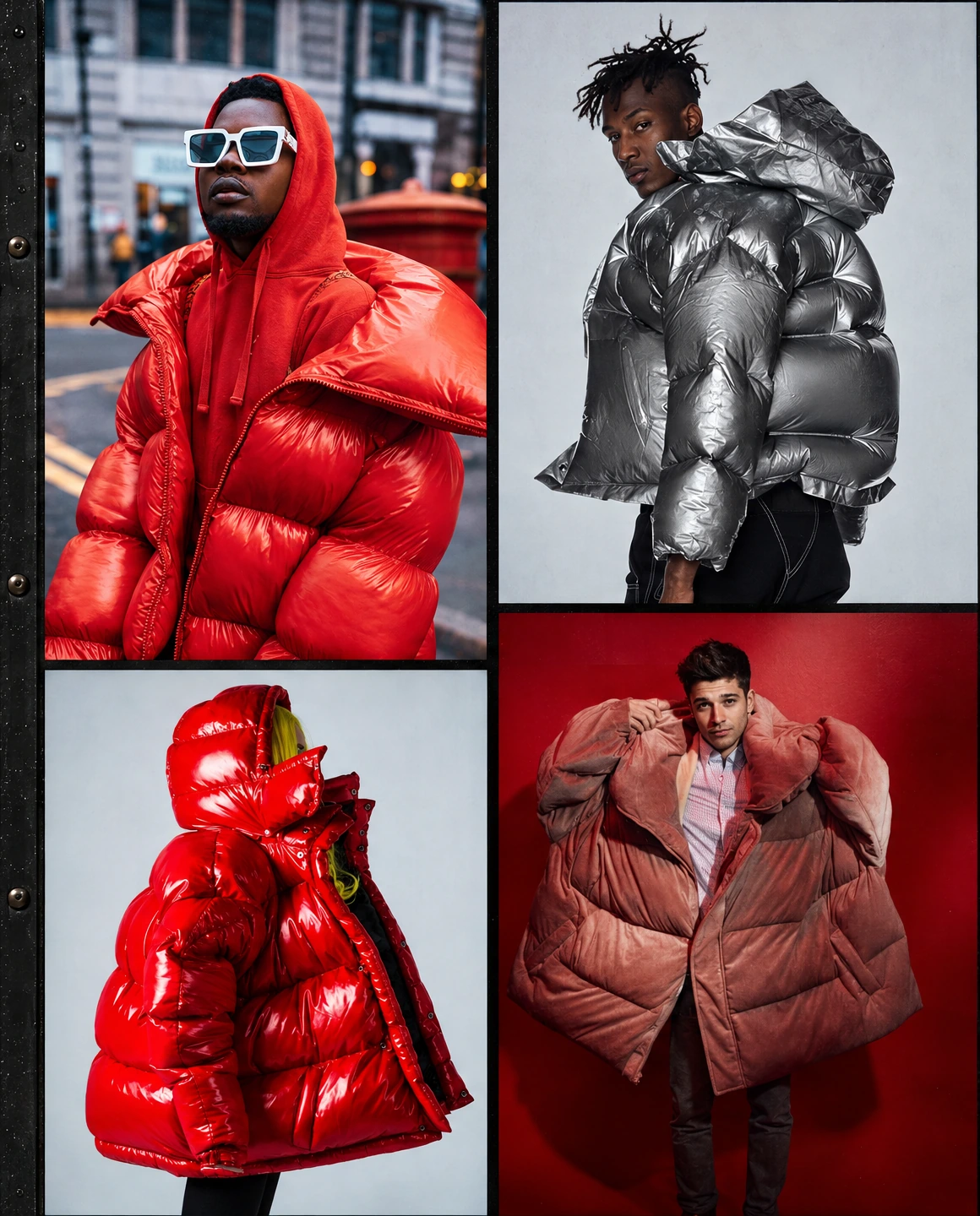 Four fashion puffer references, original black frame/dividers retained.